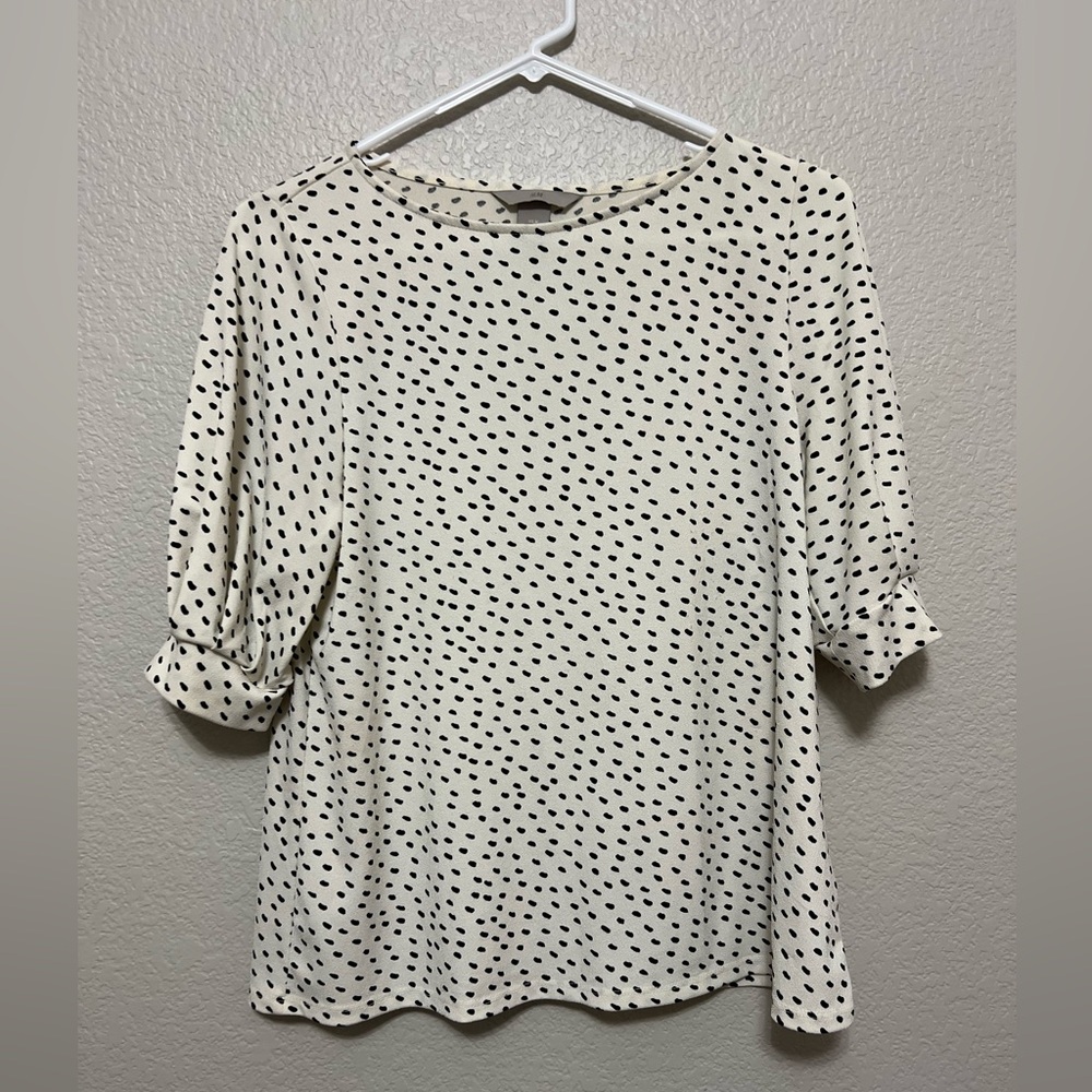 H&M soft jersey knit 3/4 sleeve cream/black polka dot blouse size Med